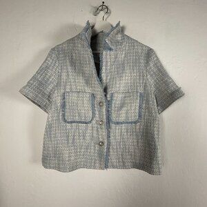 Joie Womens Short Sleeve Tweed Jacket Large Blue Fringe Trim Button Front New